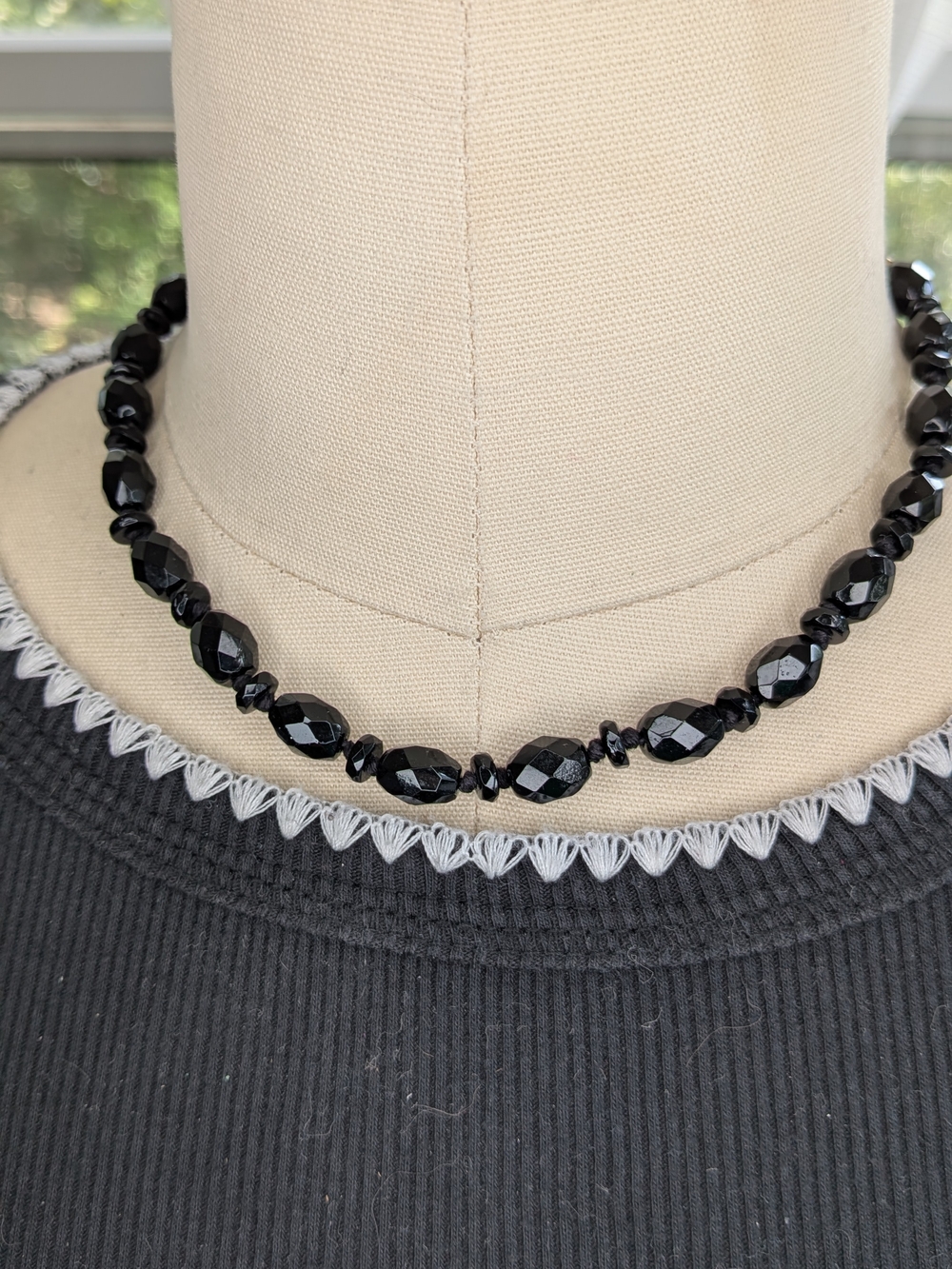 Vintage Western Germany Faceted Black Glass Bead Choker Necklace 15"